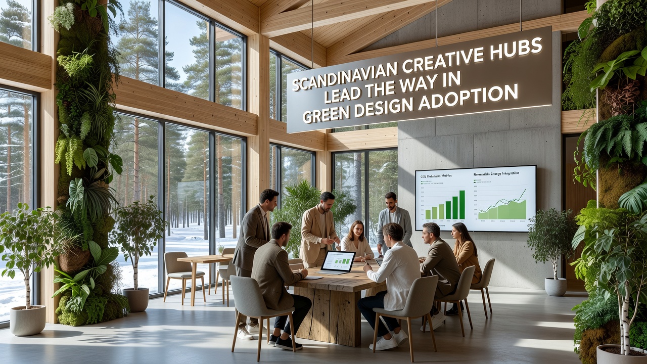 Group of designers reviewing sustainable material samples in a Nordic creative workspace